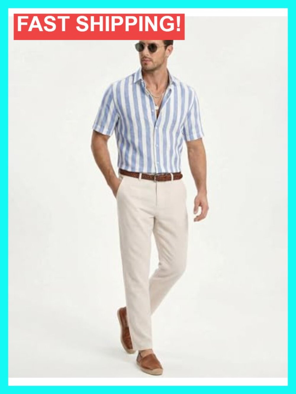 Casual Short Sleeve Button-Up Striped Dress Shirt Cotton Blend Beach Shirt - Picture 5 of 6